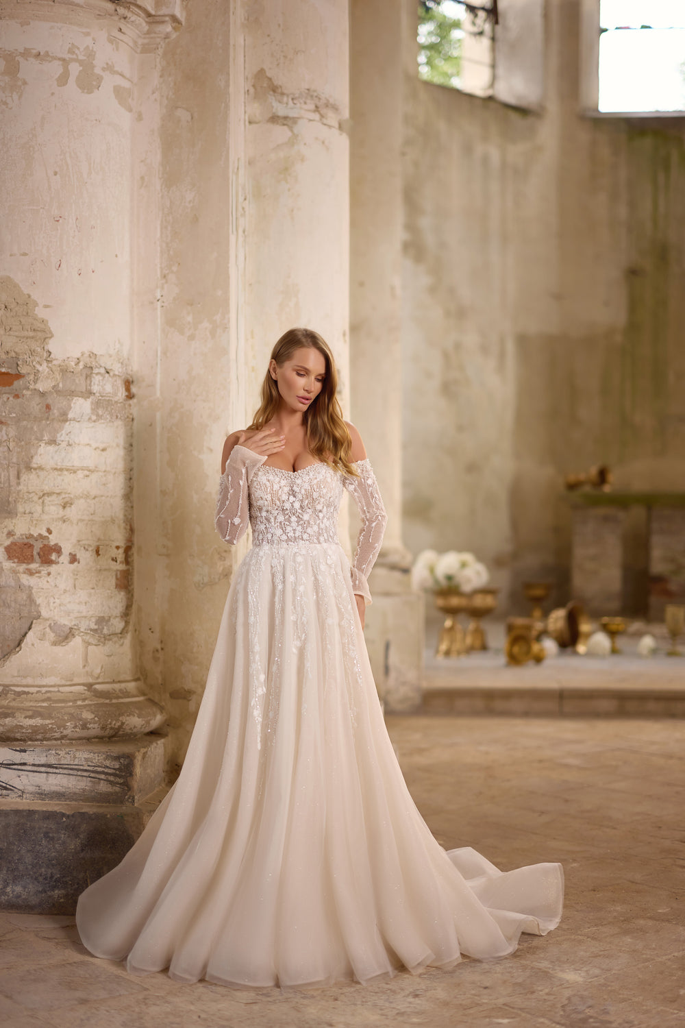 Sparkly A-Line Wedding Dress with Off-the-Shoulder Sleeves