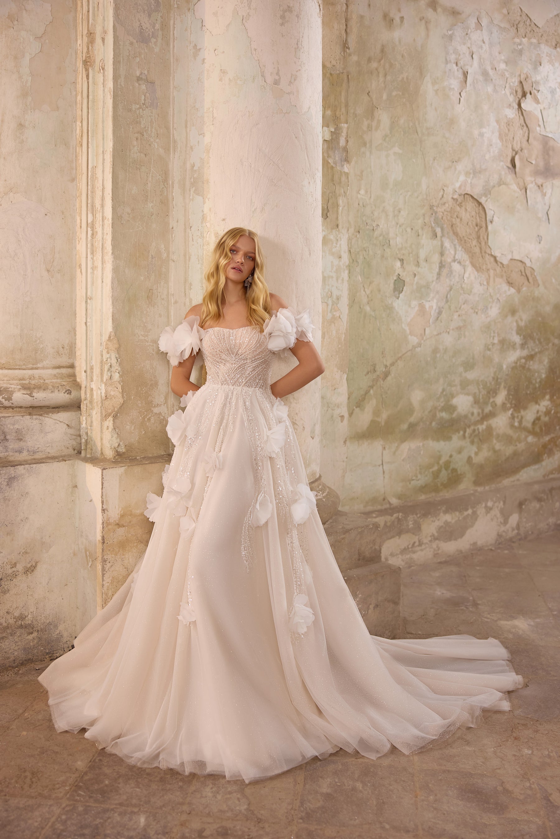 3D Floral Off-the-Shoulder A-Line Wedding Dress