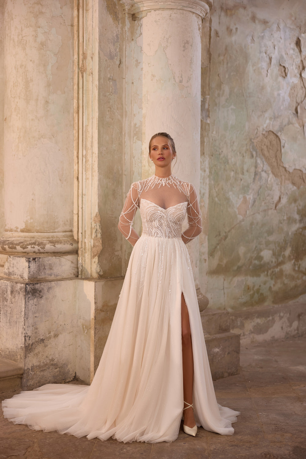 Beaded Sweetheart A-Line Wedding Dress with Detachable Illusion Sleeves