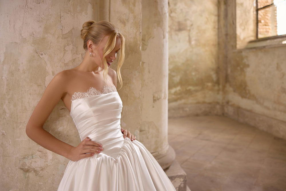 2-in-1 Strapless Satin Ball Gown Wedding Dress with Detachable Lace Sleeves