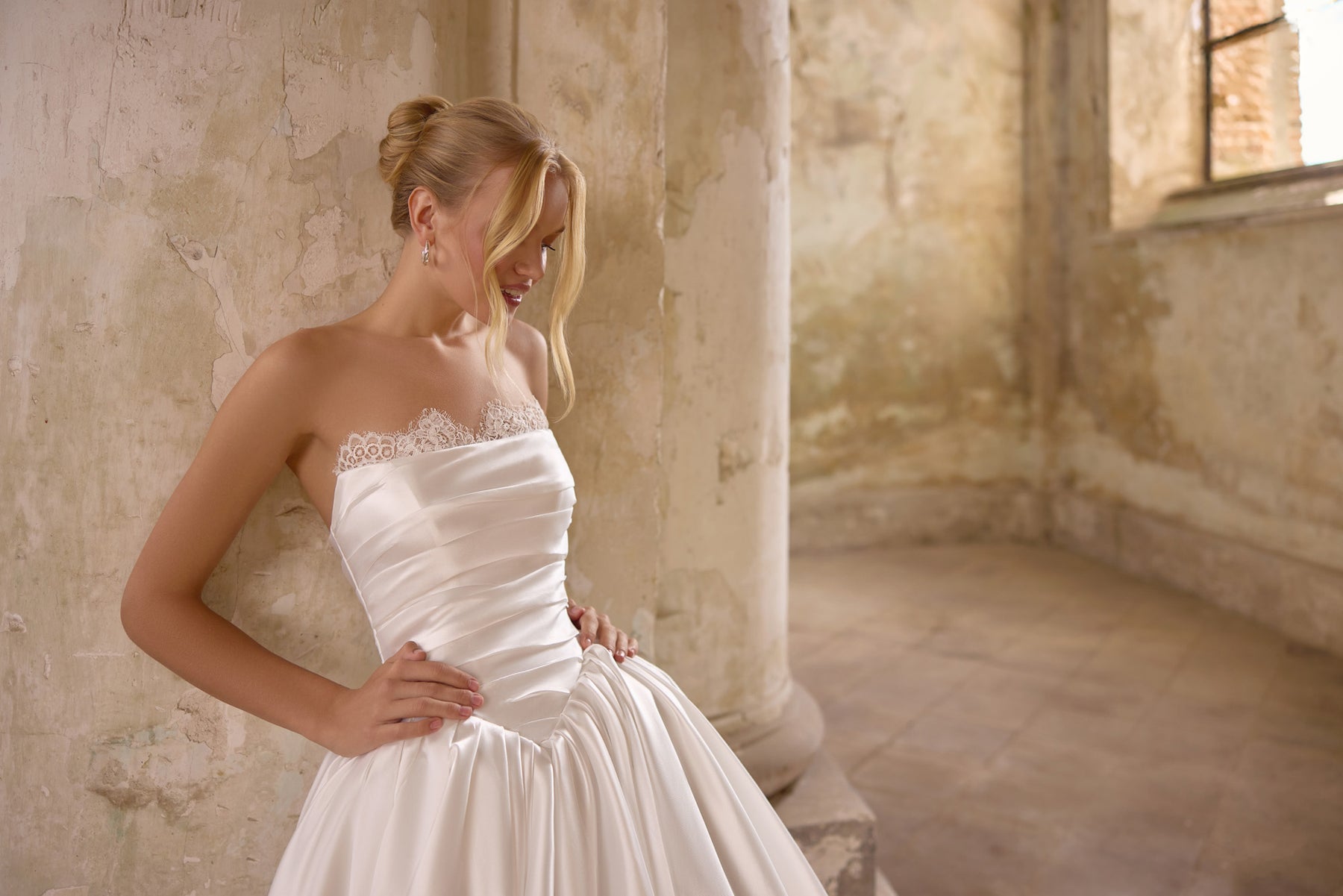 2-in-1 Strapless Satin Ball Gown Wedding Dress with Detachable Lace Sleeves