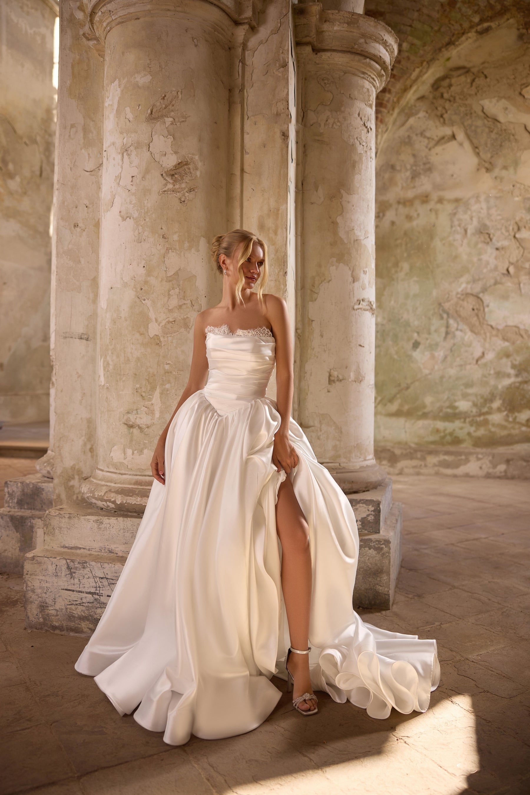2-in-1 Strapless Satin Ball Gown Wedding Dress with Detachable Lace Sleeves