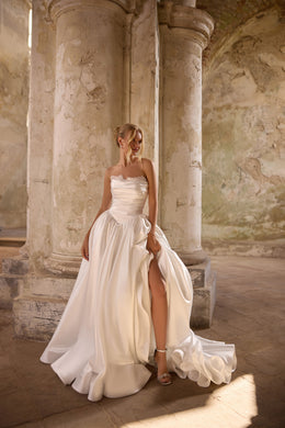 2-in-1 Strapless Satin Ball Gown Wedding Dress with Detachable Lace Sleeves