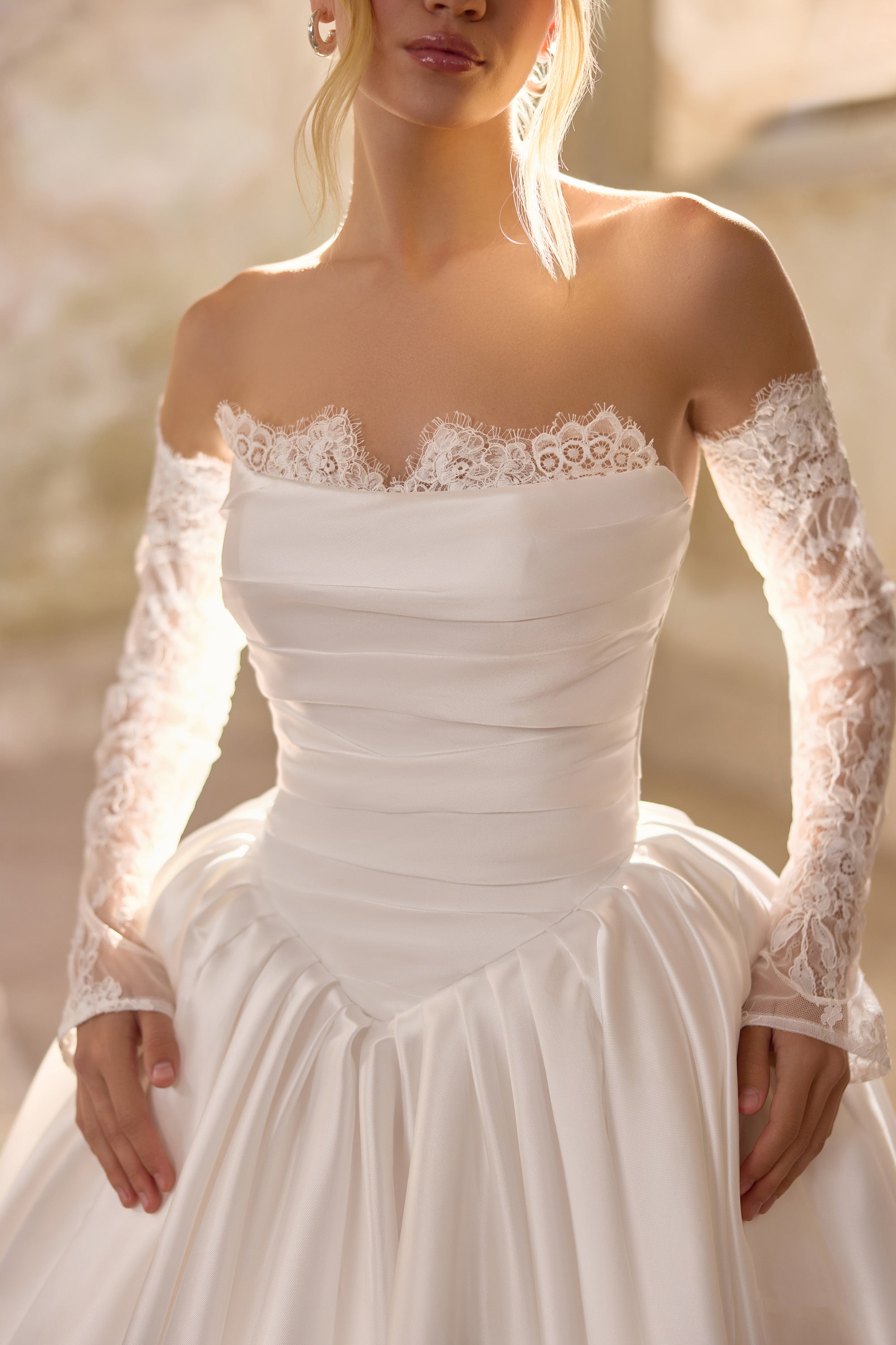 2-in-1 Strapless Satin Ball Gown Wedding Dress with Detachable Lace Sleeves