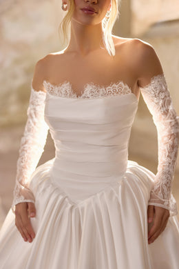 2-in-1 Strapless Satin Ball Gown Wedding Dress with Detachable Lace Sleeves