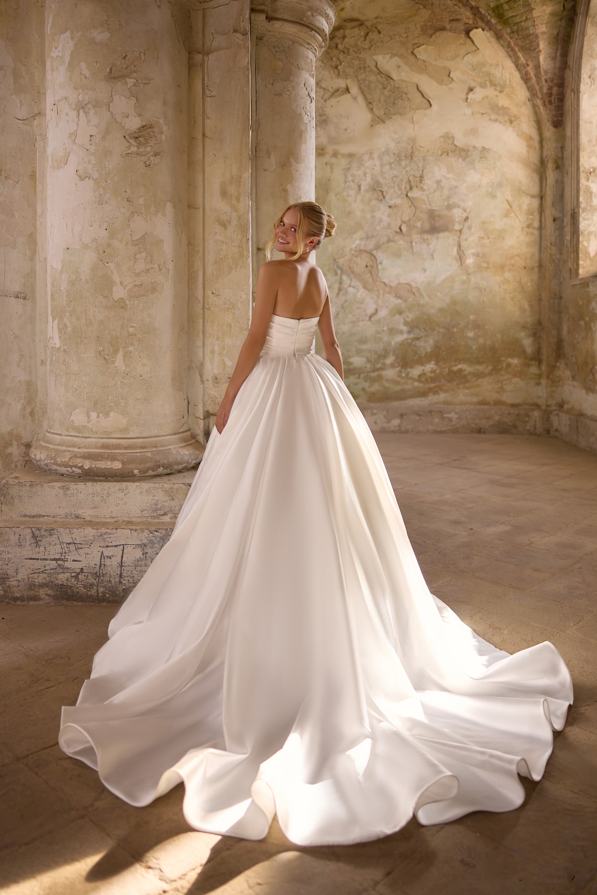 2-in-1 Strapless Satin Ball Gown Wedding Dress with Detachable Lace Sleeves