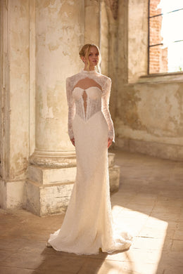 Sparkly Lace Mermaid Wedding Dress with Detachable High Neck Lace Top