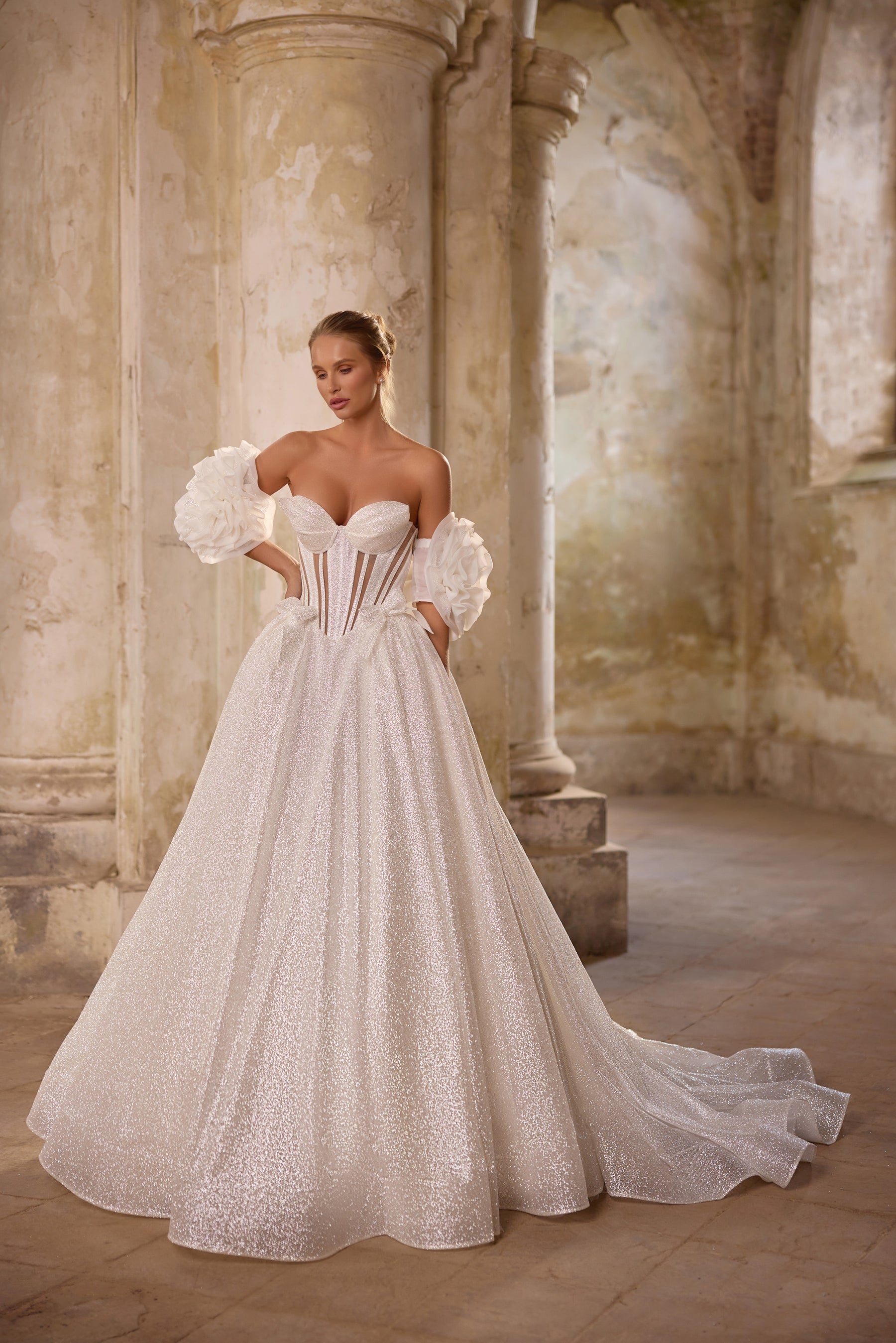 Luxury Glitter Ball Gown Wedding Dress with Detachable Floral Puff Sleeves