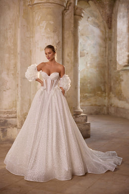 Luxury Glitter Ball Gown Wedding Dress with Detachable Floral Puff Sleeves