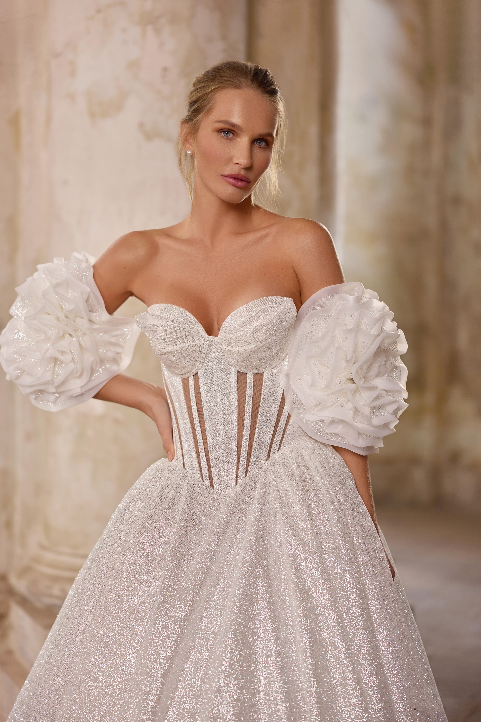 Luxury Glitter Ball Gown Wedding Dress with Detachable Floral Puff Sleeves