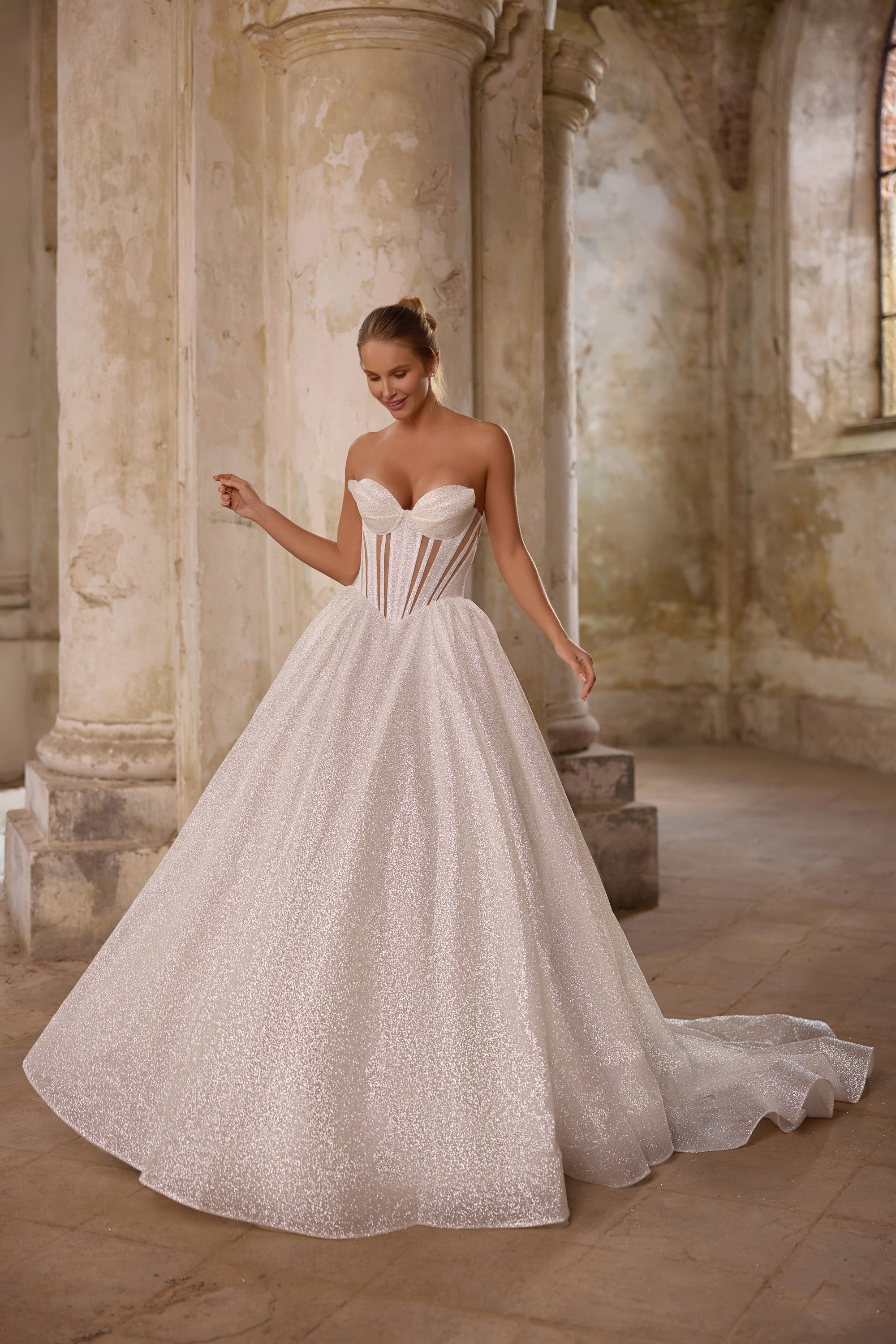 Luxury Glitter Ball Gown Wedding Dress with Detachable Floral Puff Sleeves