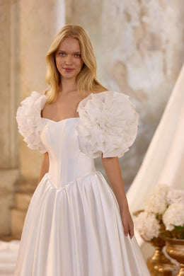 Luxury Satin Ball Gown Wedding Dress with Floral Puff Sleeves