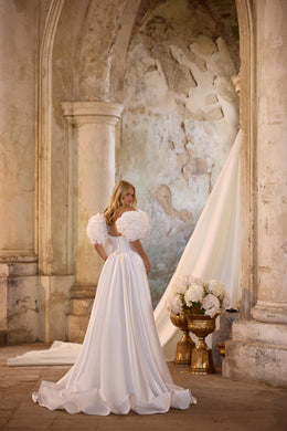 Luxury Satin Ball Gown Wedding Dress with Floral Puff Sleeves