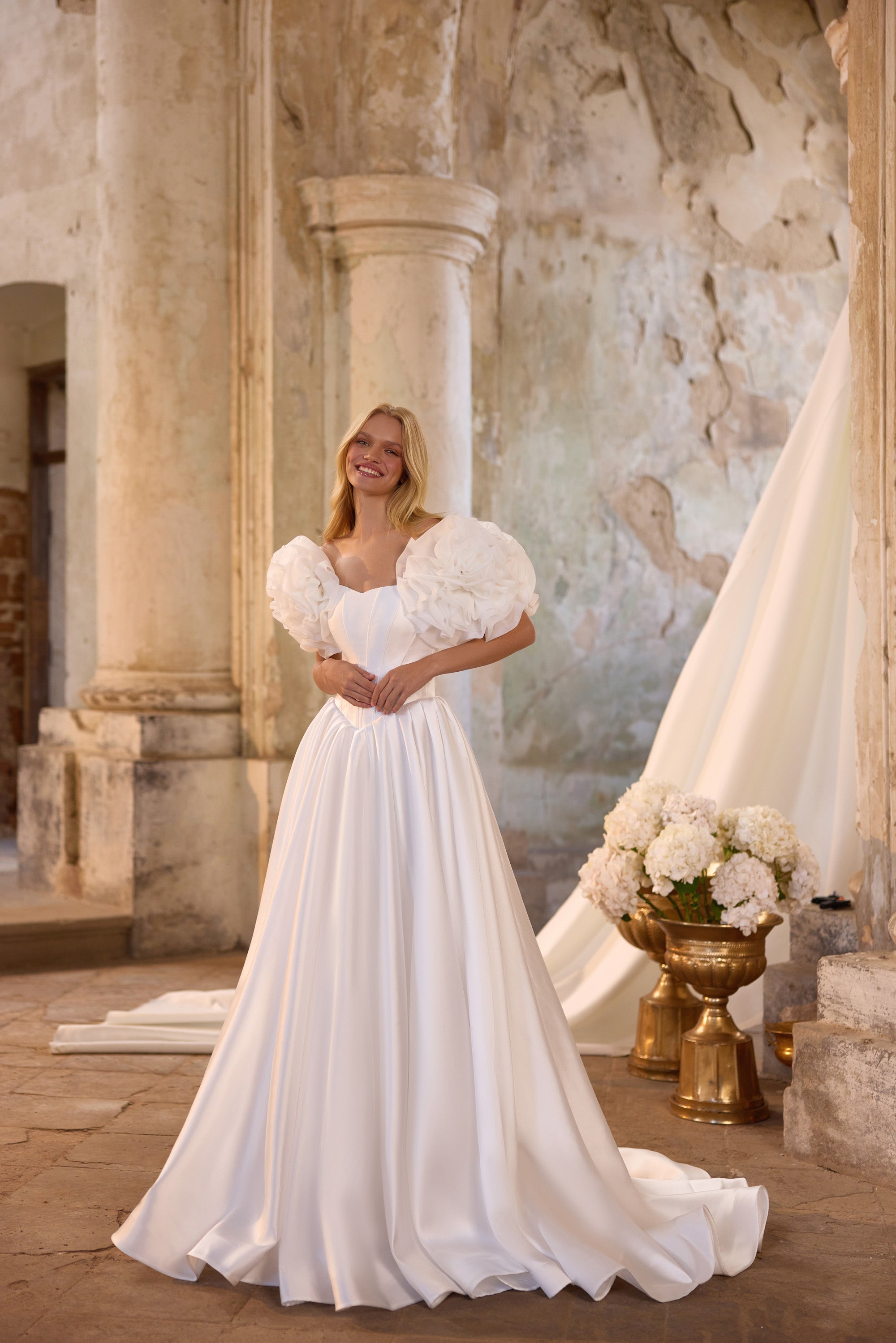 Luxury Satin Ball Gown Wedding Dress with Floral Puff Sleeves