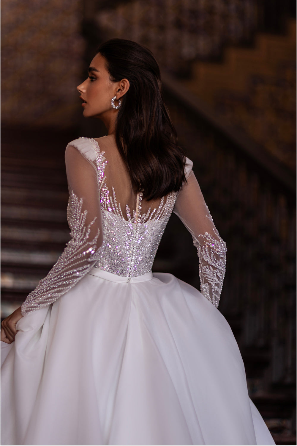 Ball Gown Satin Wedding Dress with Illusion Long Sleeves