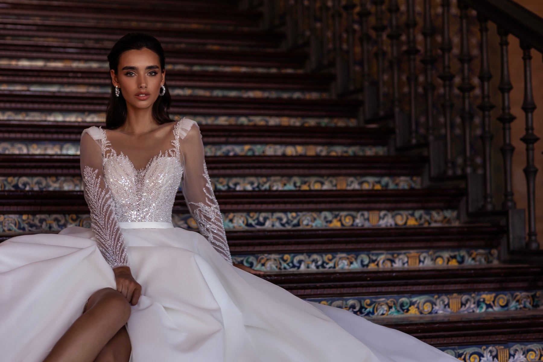 Ball Gown Satin Wedding Dress with Illusion Long Sleeves