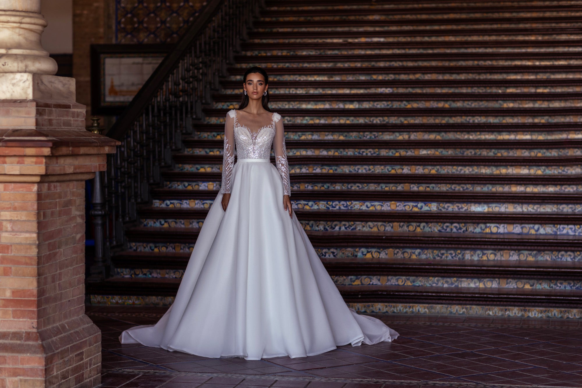 Ball Gown Satin Wedding Dress with Illusion Long Sleeves