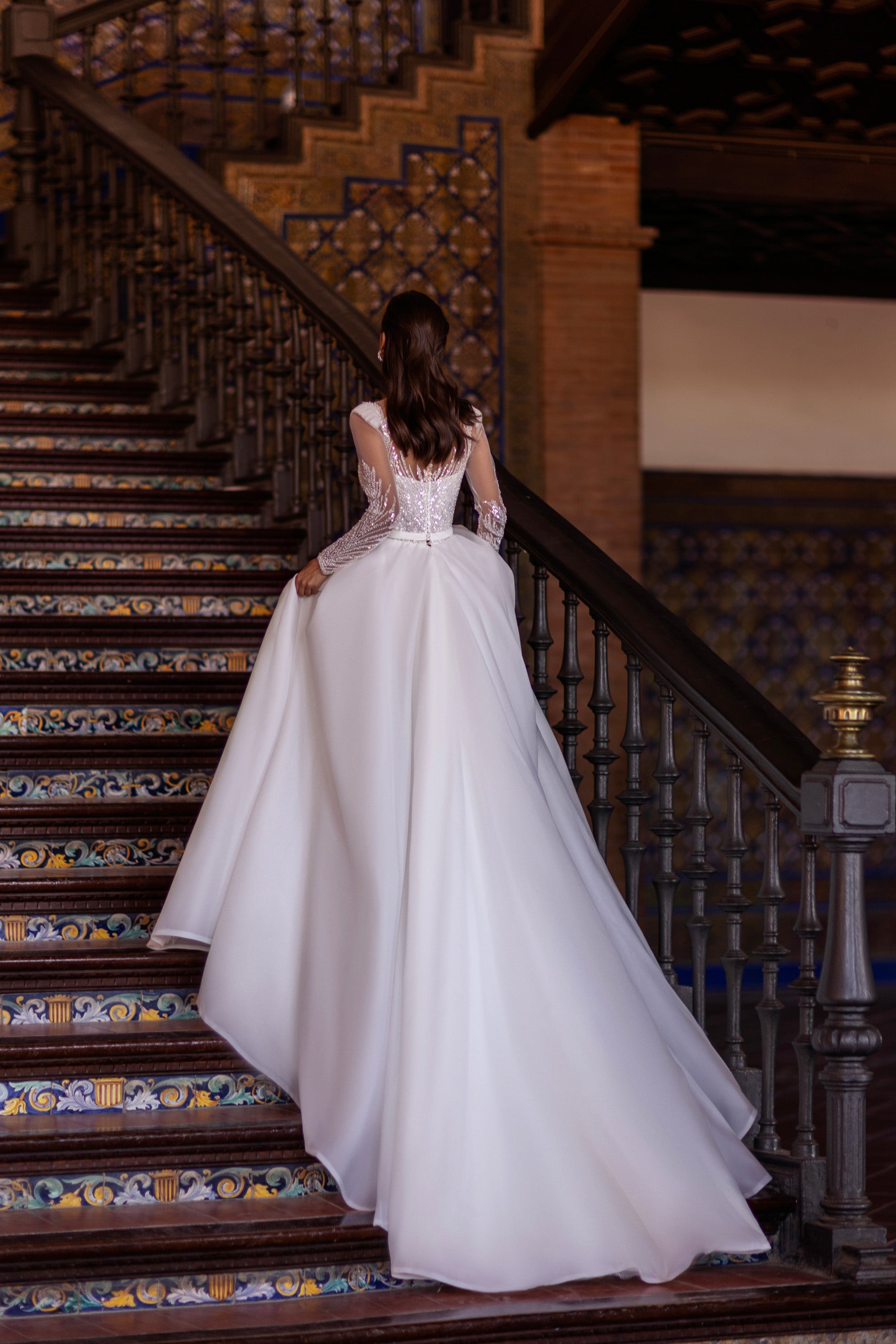 Ball Gown Satin Wedding Dress with Illusion Long Sleeves