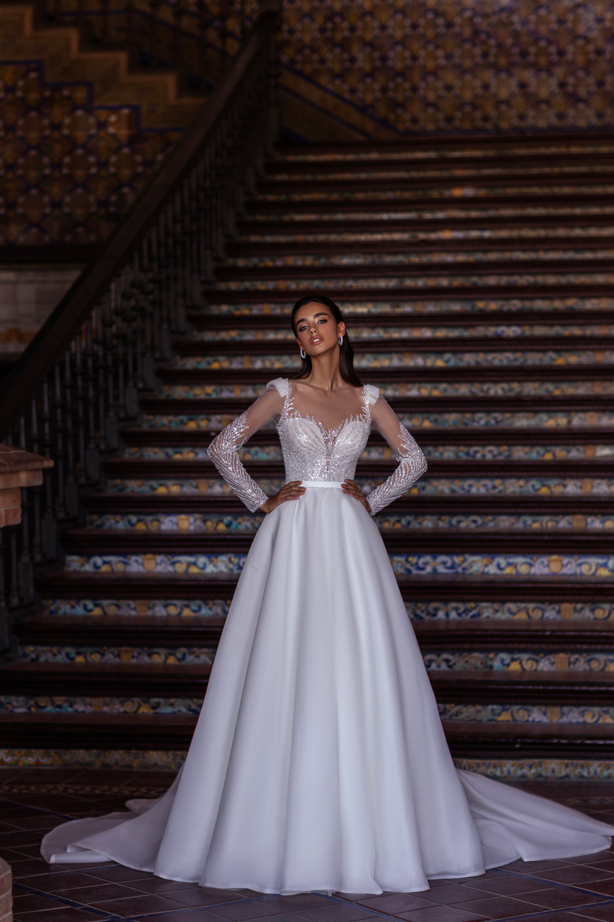 Ball Gown Satin Wedding Dress with Illusion Long Sleeves