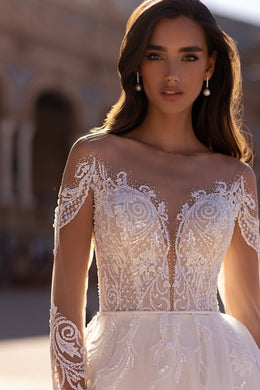 A-Line Tulle Wedding Dress with Illusion Long Sleeves