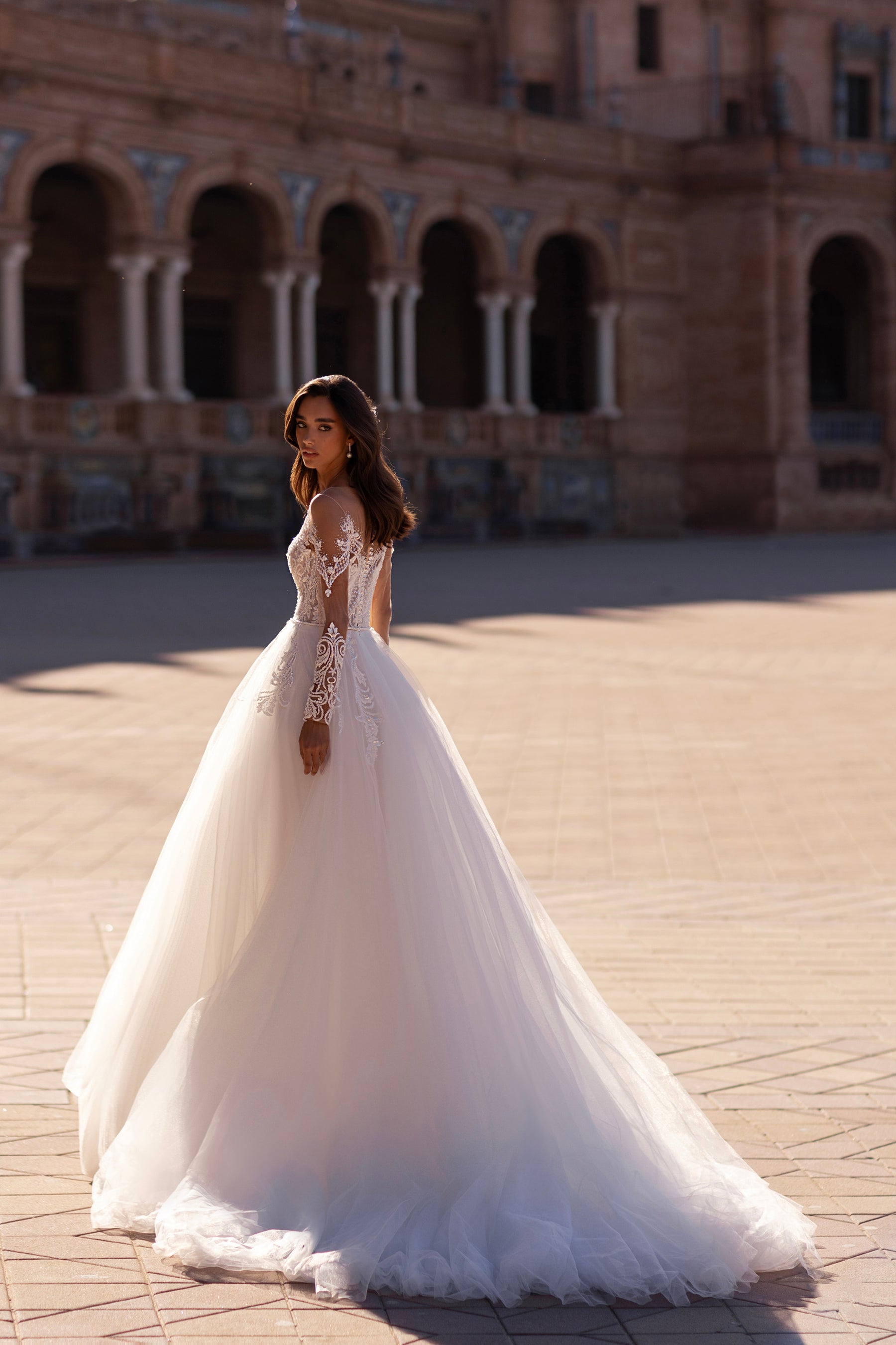 A-Line Tulle Wedding Dress with Illusion Long Sleeves