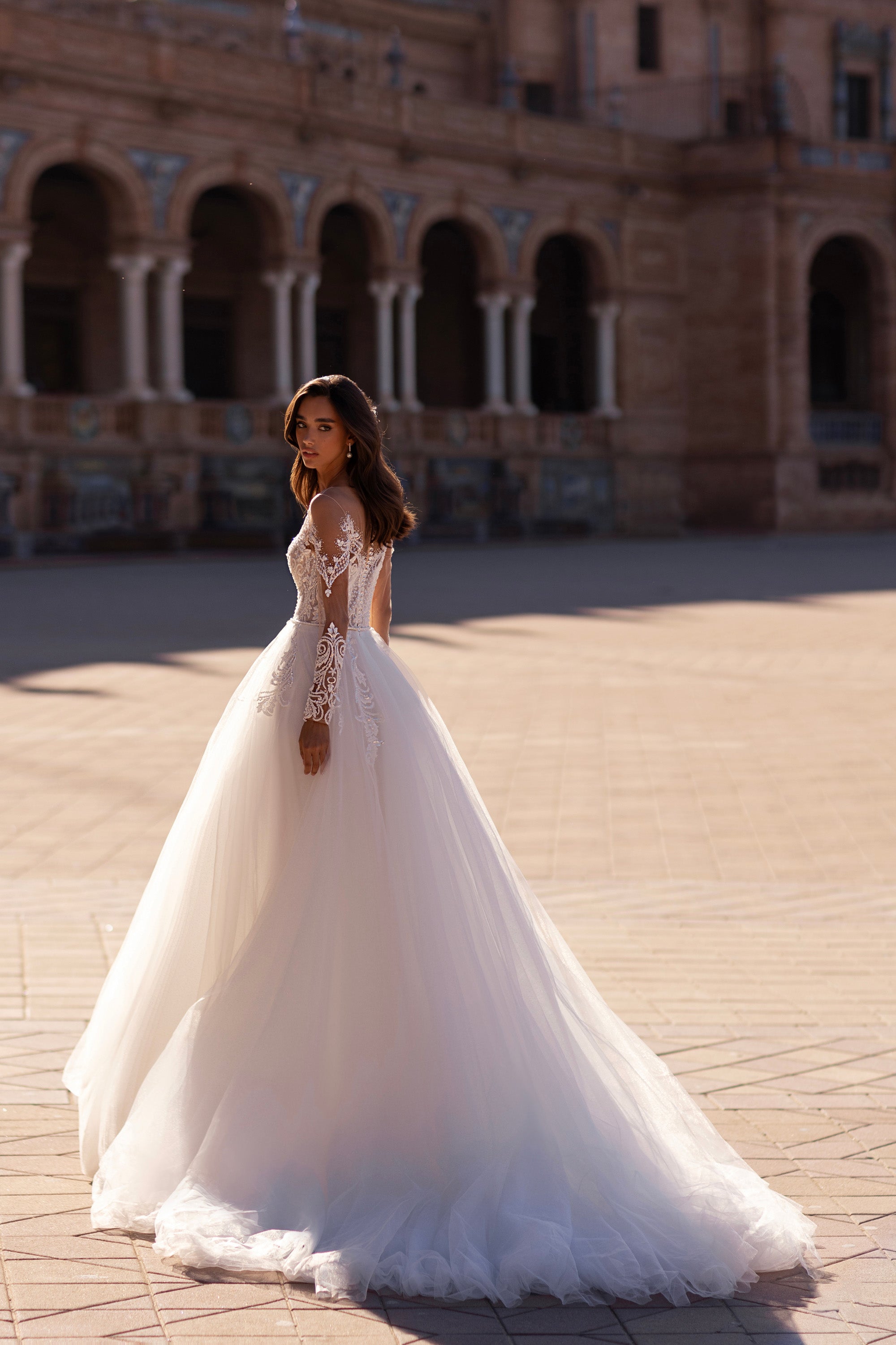 A-Line Tulle Wedding Dress with Illusion Long Sleeves