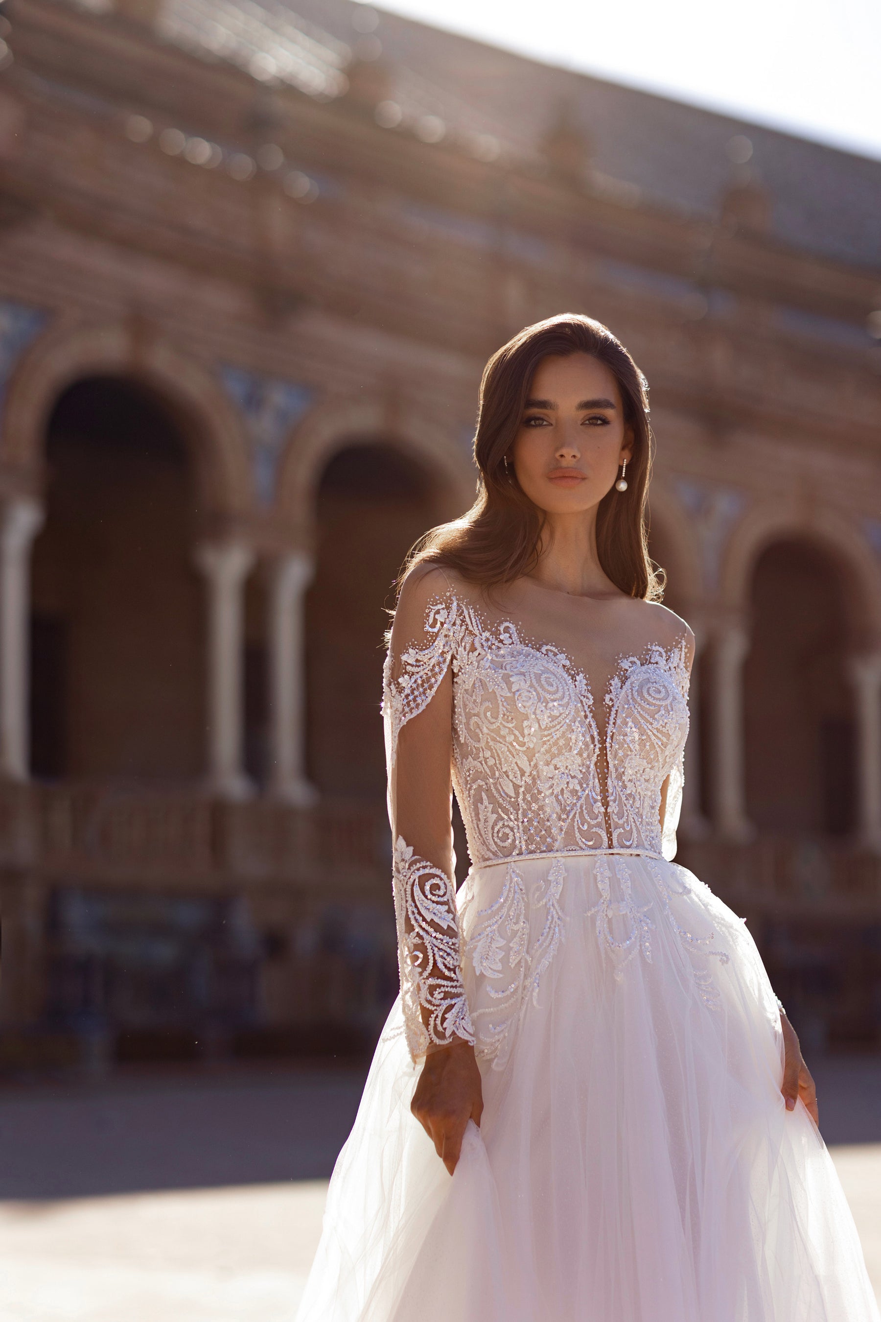A-Line Tulle Wedding Dress with Illusion Long Sleeves