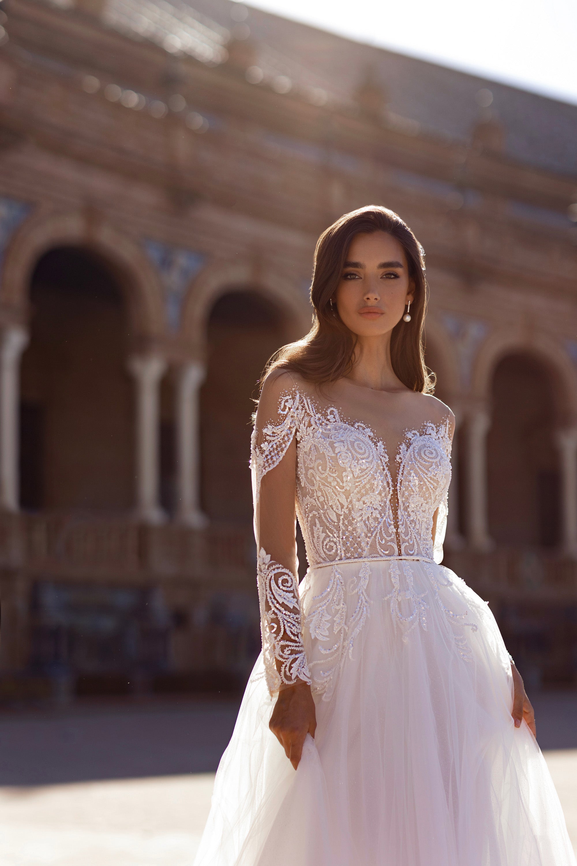 A-Line Tulle Wedding Dress with Illusion Long Sleeves