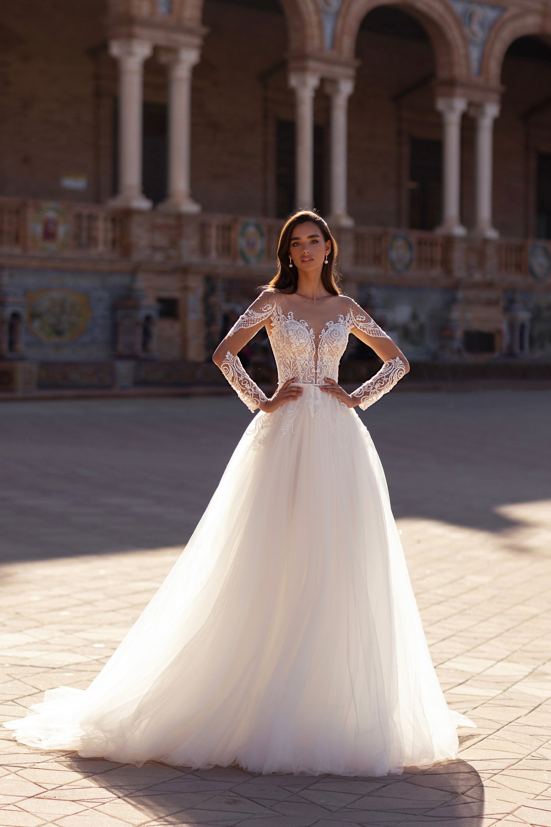 A-Line Tulle Wedding Dress with Illusion Long Sleeves