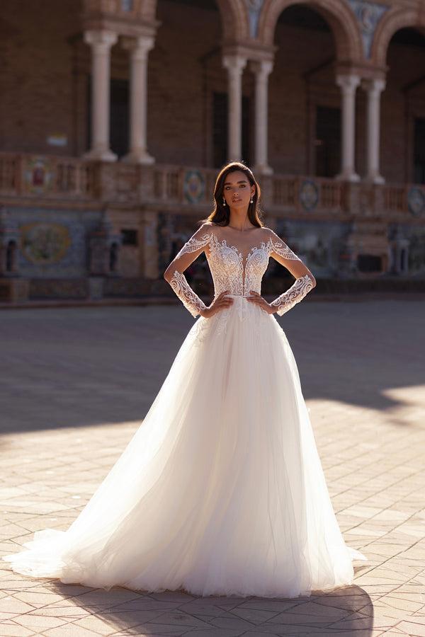 Women's Glittery Embroidered Corset Wedding Dress with Beaded Guipure, Pearl & Crystal Belt, and Tulle Skirt with Train