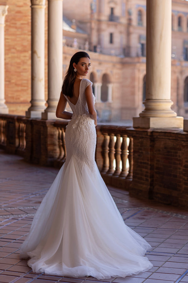 Mermaid Wedding Dress with Deep V-Neckline, Glitter, 3-D Flowers Embroidered with Beads, and Tulle Wedges