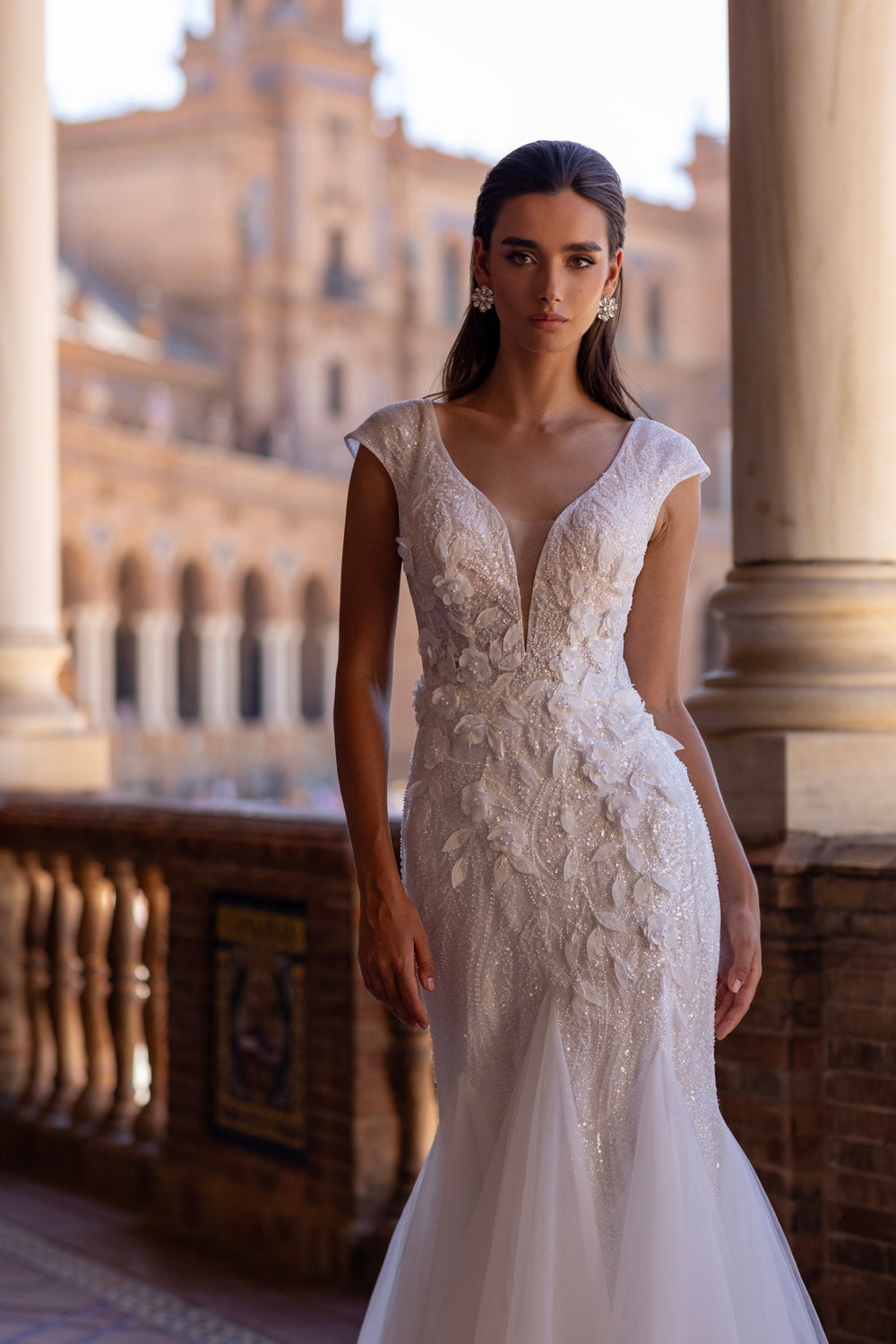 Sparkly Mermaid Wedding Dress with 3D Floral Appliqués