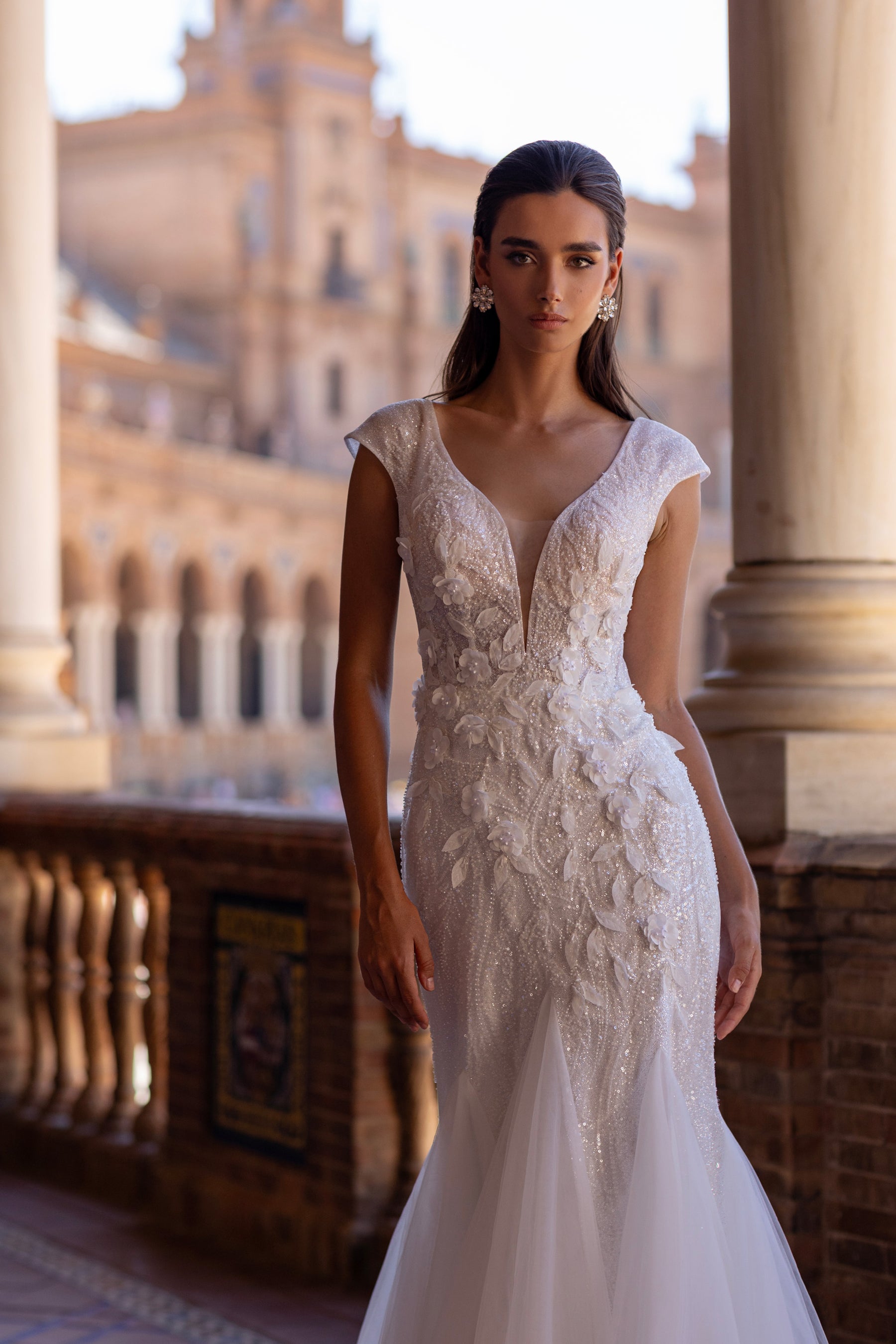 Sparkly Mermaid Wedding Dress with 3D Floral Appliqués