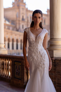 Sparkly Mermaid Wedding Dress with 3D Floral Appliqués