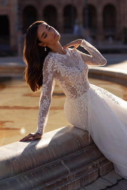 Long Sleeve A-Line Wedding Dress with Illusion Lace Bodice