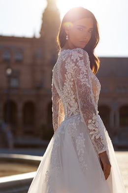 Long Sleeve A-Line Wedding Dress with Illusion Lace Bodice