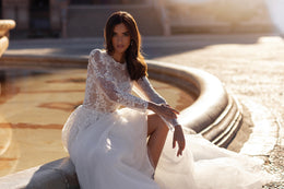 Long Sleeve A-Line Wedding Dress with Illusion Lace Bodice