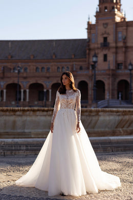 Long Sleeve A-Line Wedding Dress with Illusion Lace Bodice