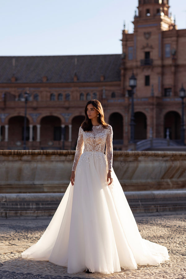 Romantic A-Line Wedding Dress with Long Sleeves, Sparkling Skirt, 50cm Train, Translucent Drema Corset, Chantilly Guipure T-Shirt, Embroidered Beads & Sequins Appliques, Detachable Glitter Belt Embroidered with Crystals