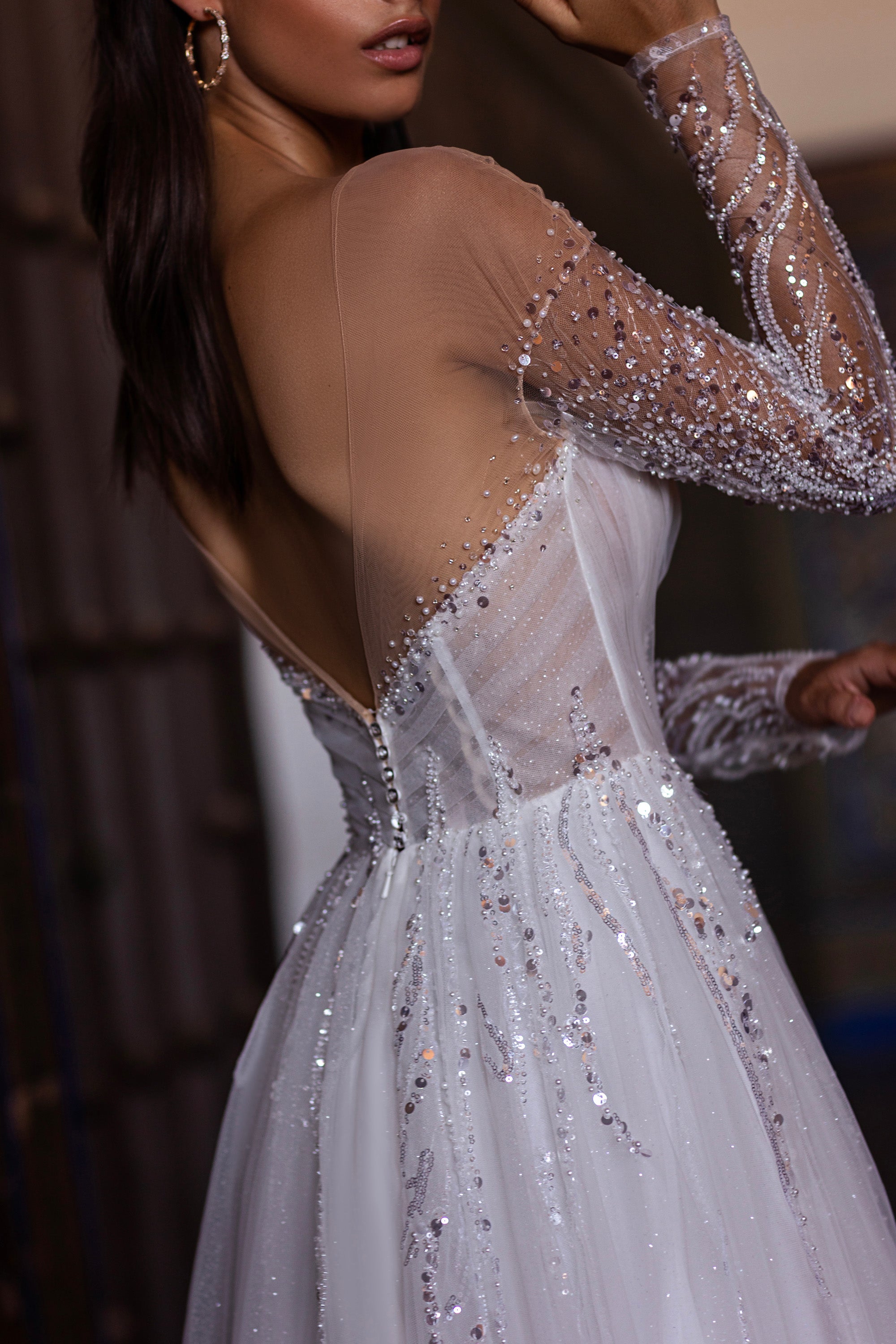 A-Line Wedding Dress with Beaded Illusion Sleeves