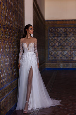 A-Line Wedding Dress with Beaded Illusion Sleeves