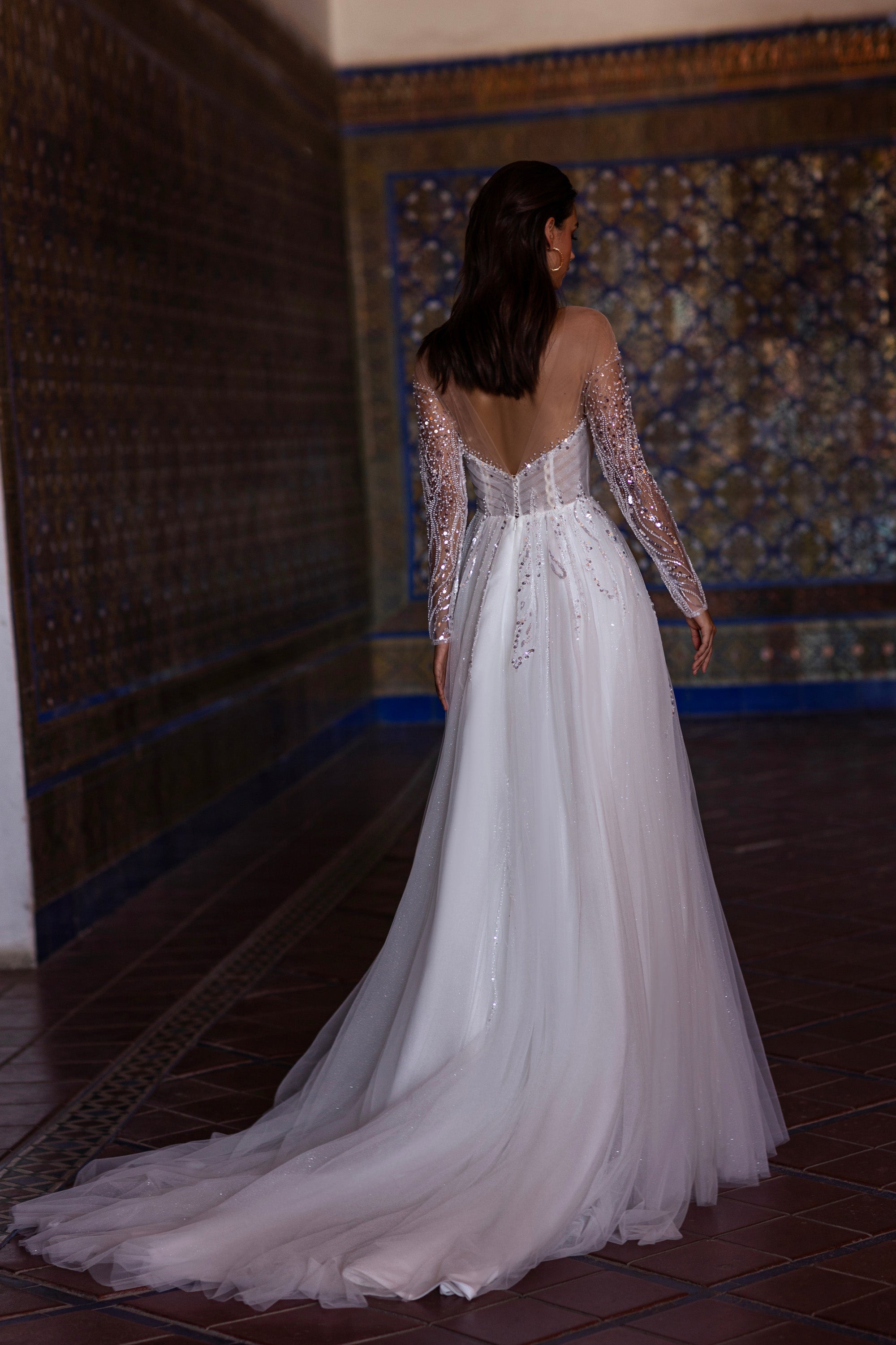 A-Line Wedding Dress with Beaded Illusion Sleeves