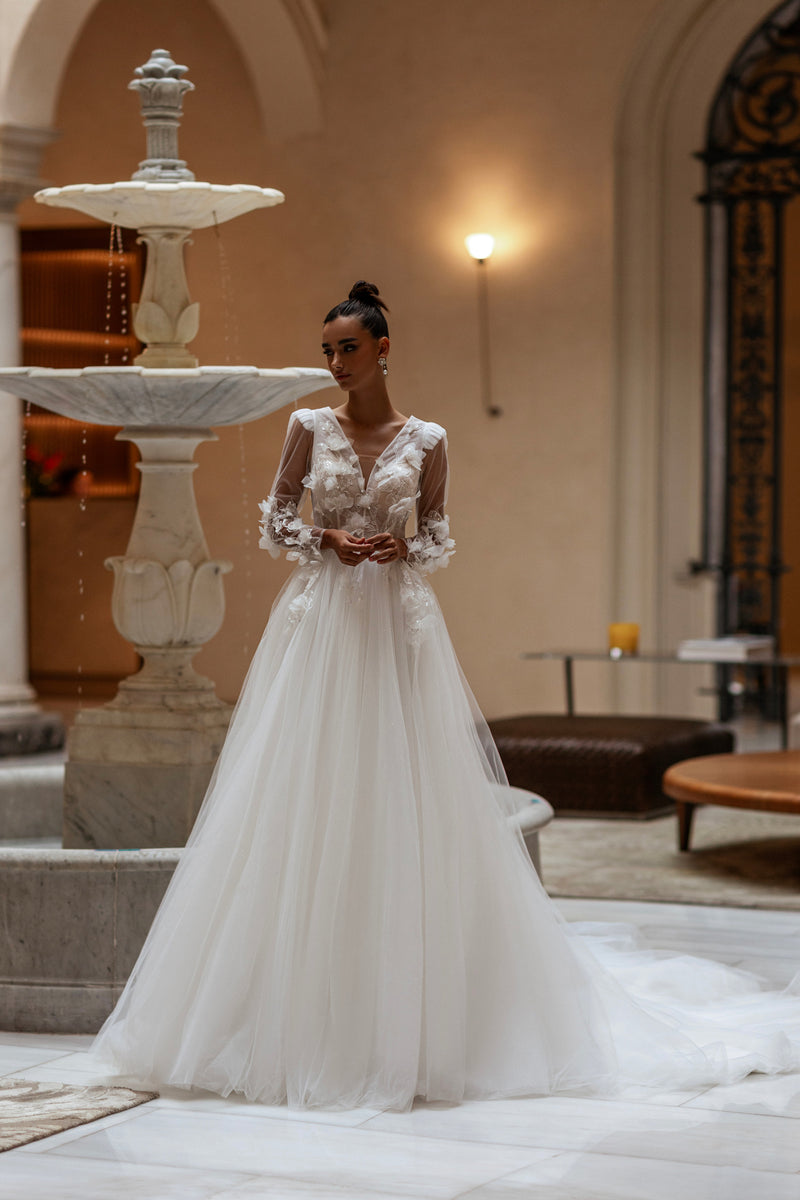A-Line Wedding Dress with 3D Floral Appliqués