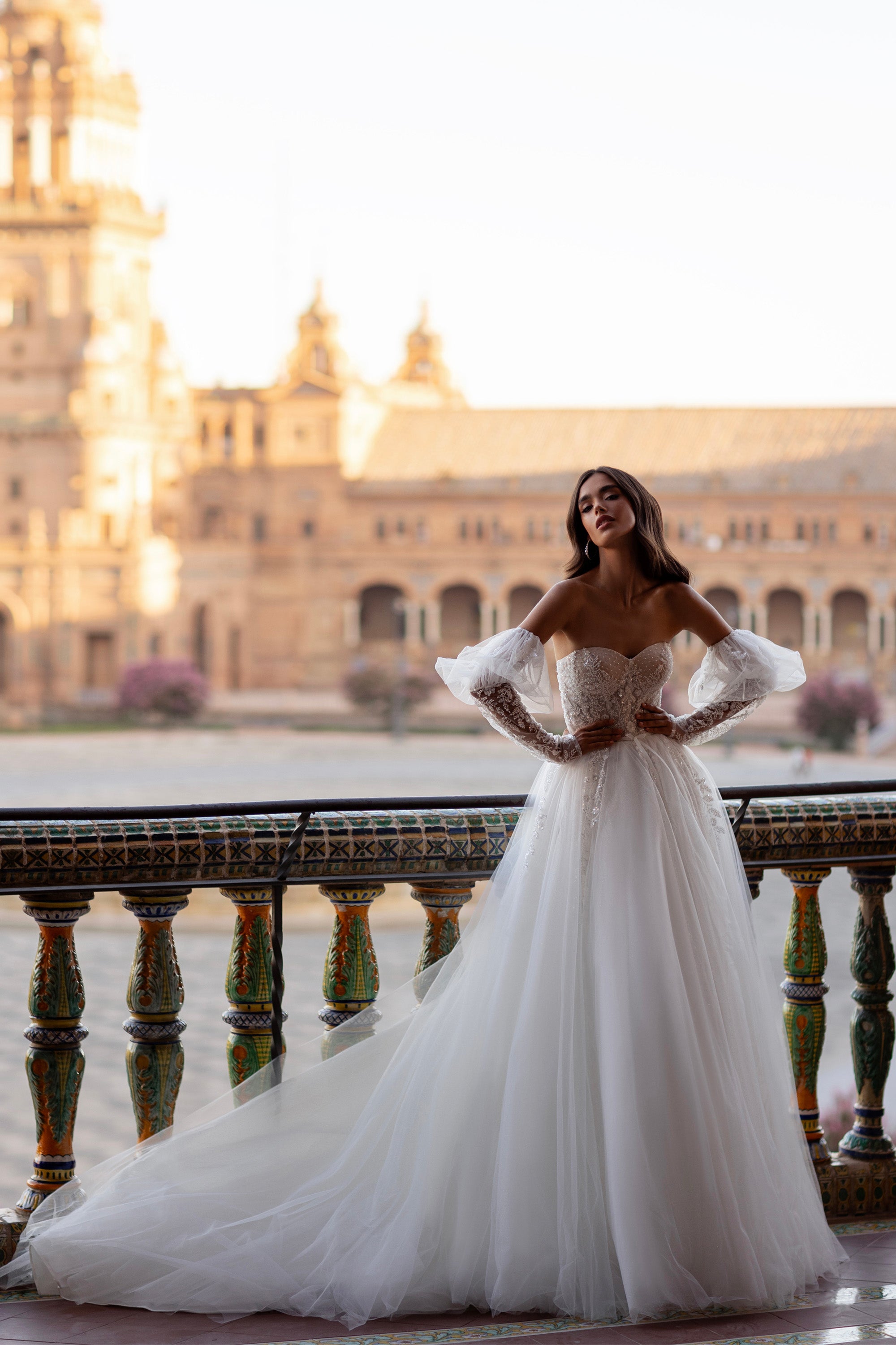 A-Line Wedding Dress with Detachable Puff Sleeves