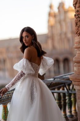 A-Line Wedding Dress with Detachable Puff Sleeves