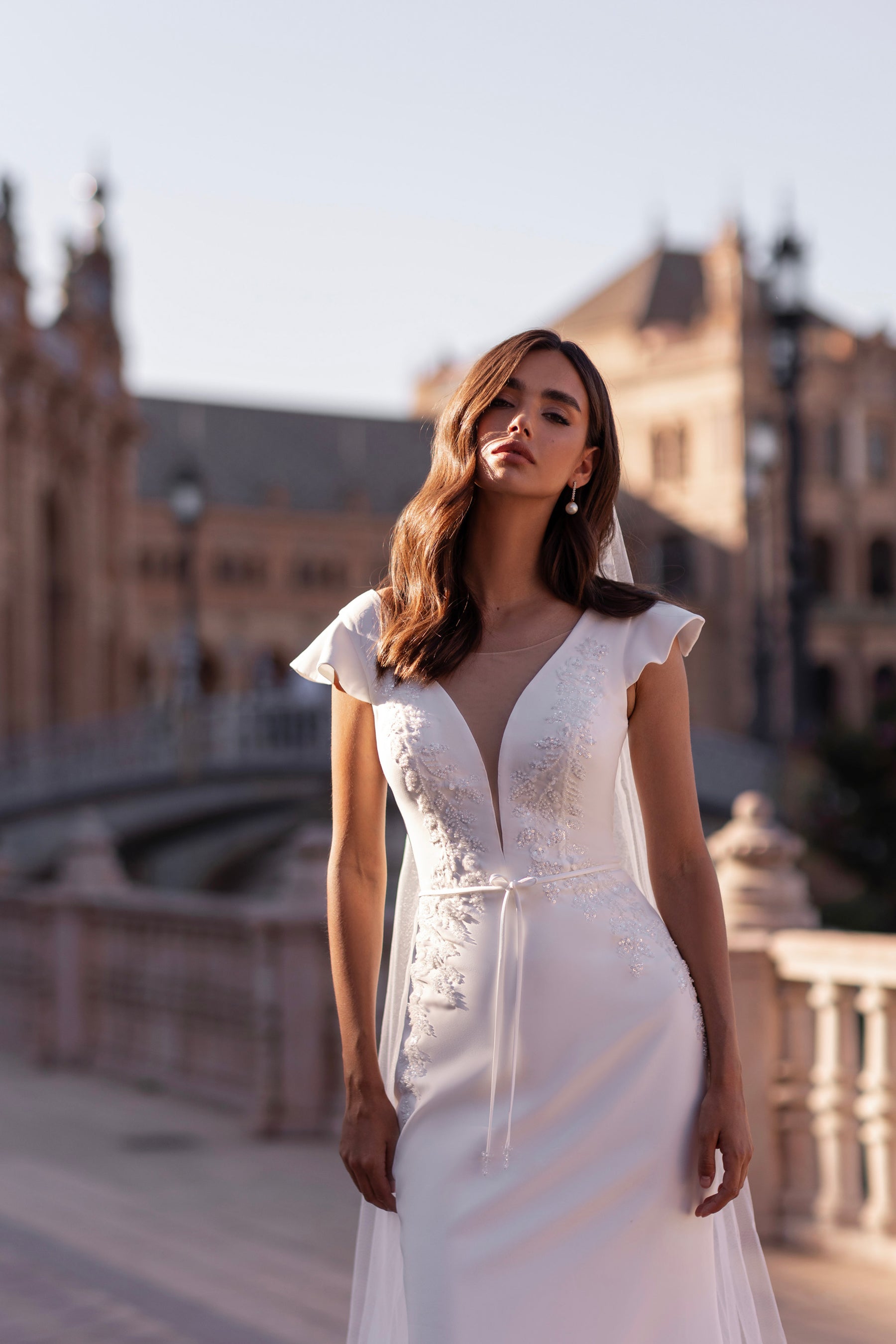 Sheath Wedding Dress with V-Neck and Watteau Cape