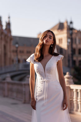Sheath Wedding Dress with V-Neck and Watteau Cape