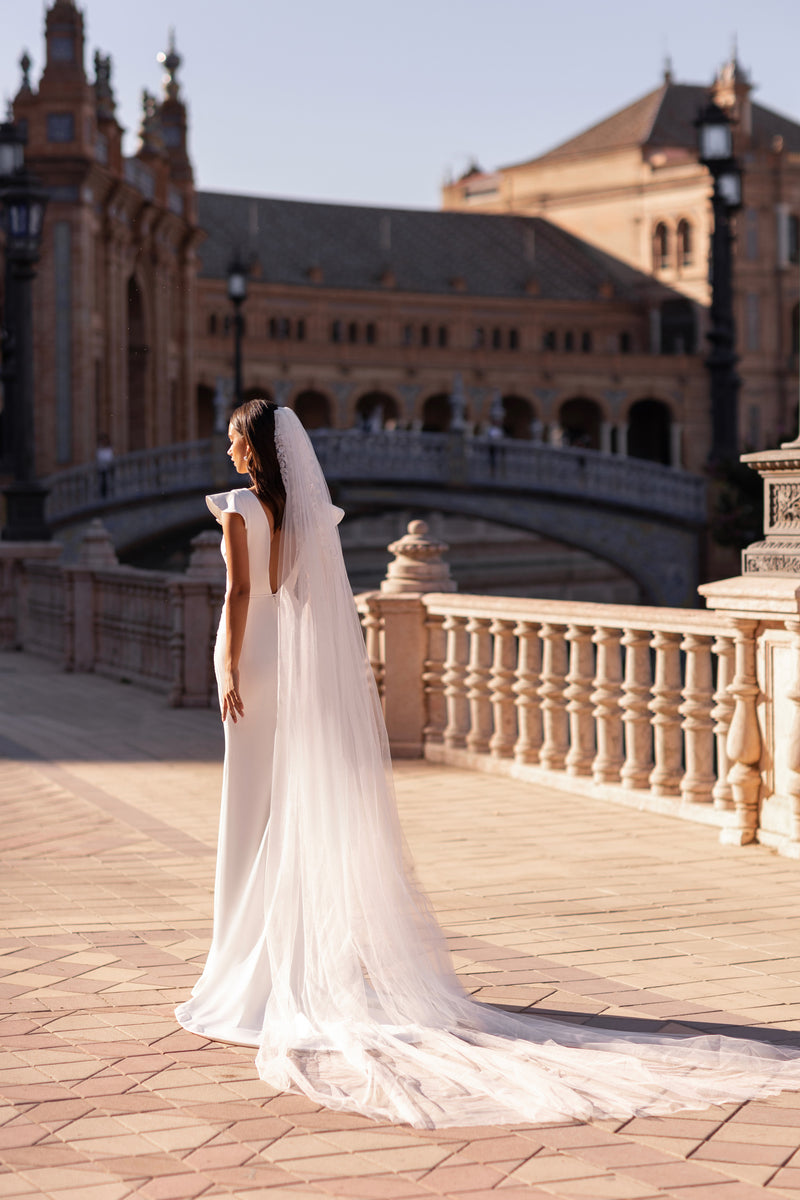 Sheath Wedding Dress with V-Neck and Watteau Cape