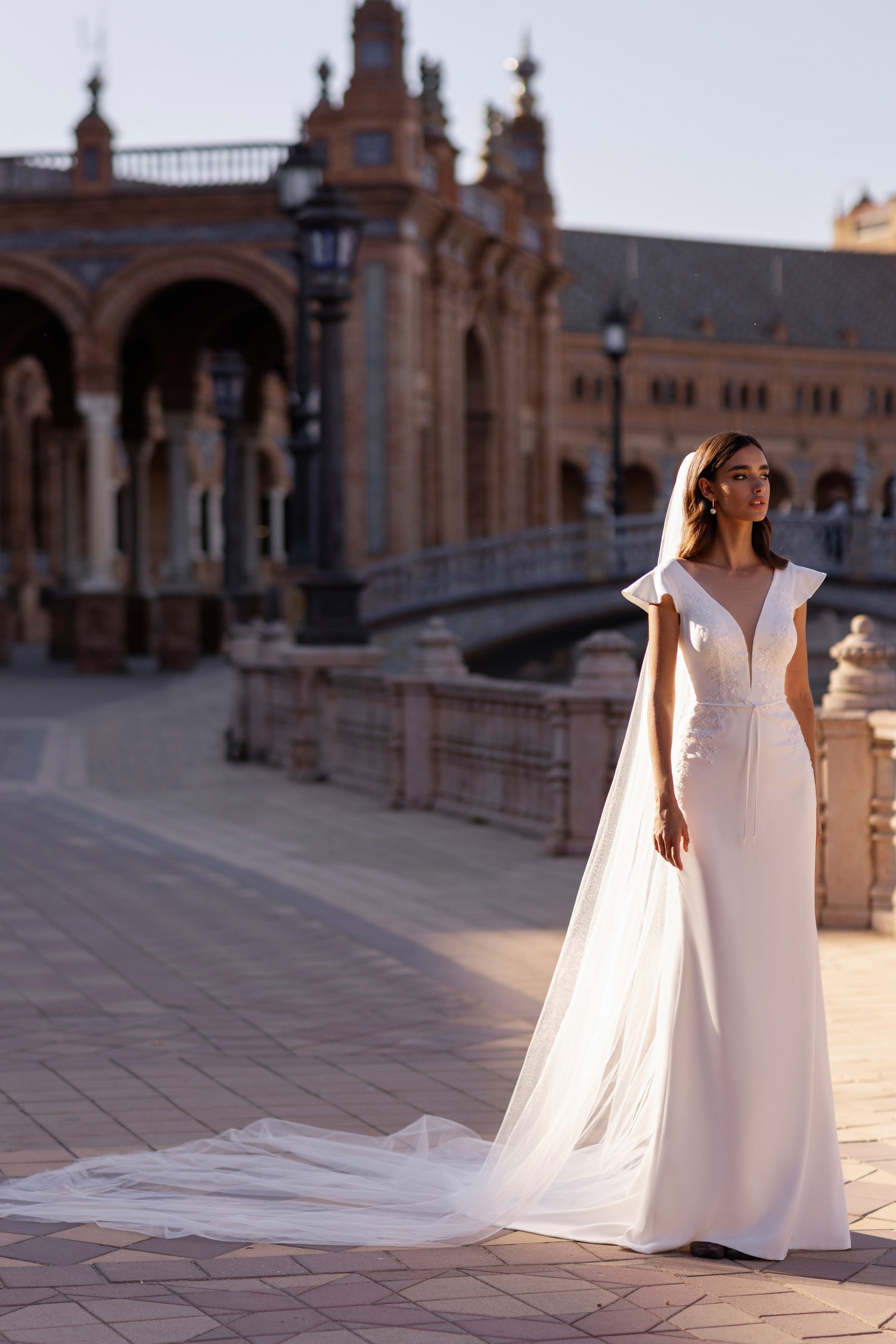 Sheath Wedding Dress with V-Neck and Watteau Cape