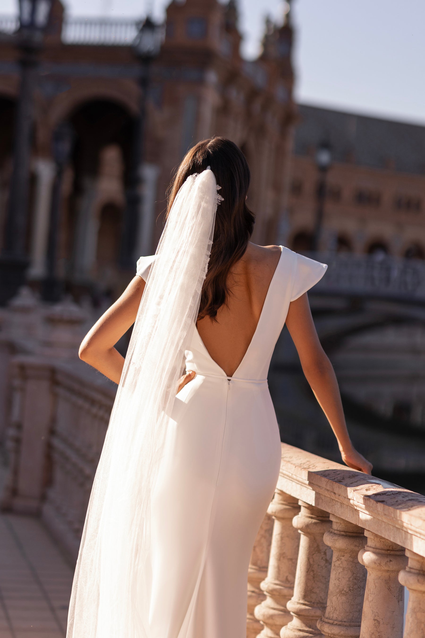 Sheath Wedding Dress with V-Neck and Watteau Cape